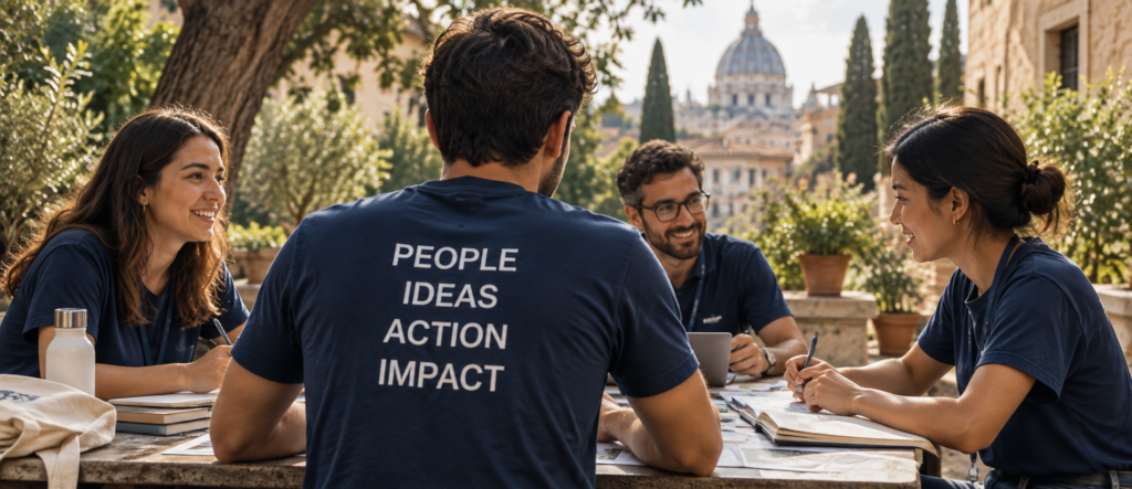 Volunteers collaborating around a table in a leafy courtyard