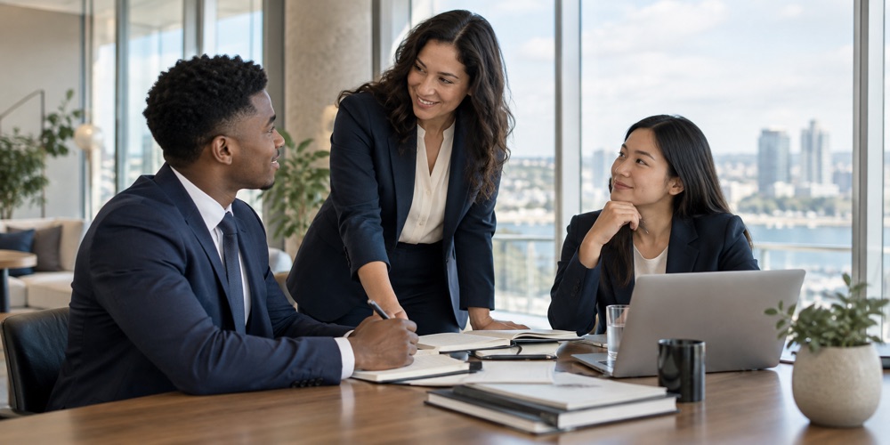 Illustration of professionals discussing a workplace partnership