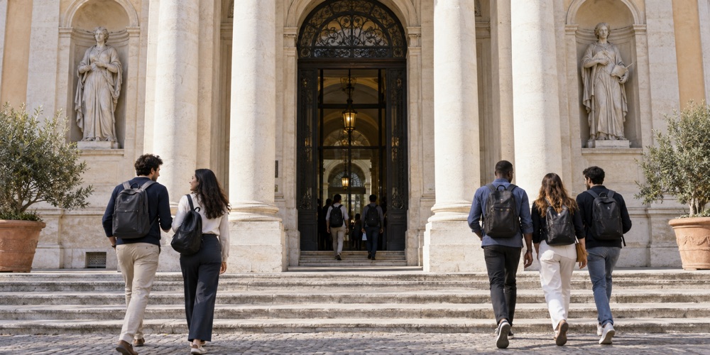 Illustration of students entering an Italian university