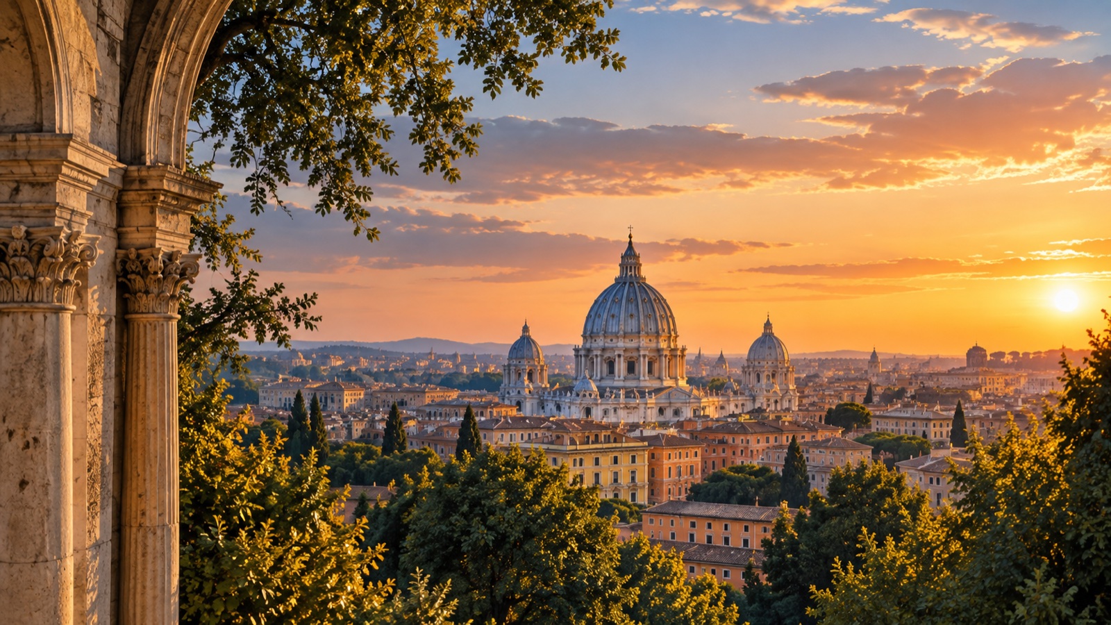 Sunset over Saint Peter’s Basilica and the rooftops of Rome