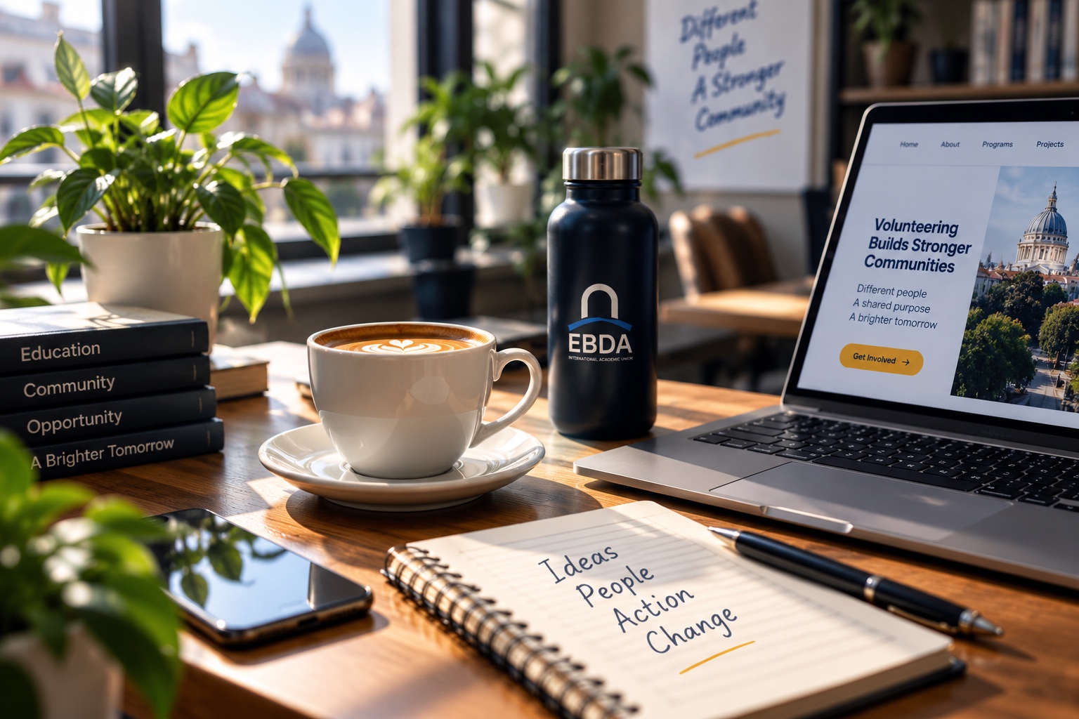 Coffee, laptop and EBDA volunteer materials