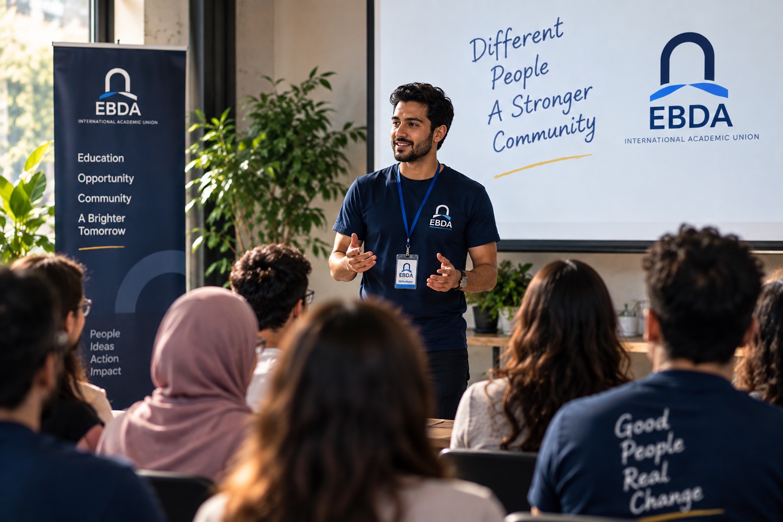 EBDA volunteer presenting to an audience in Rome