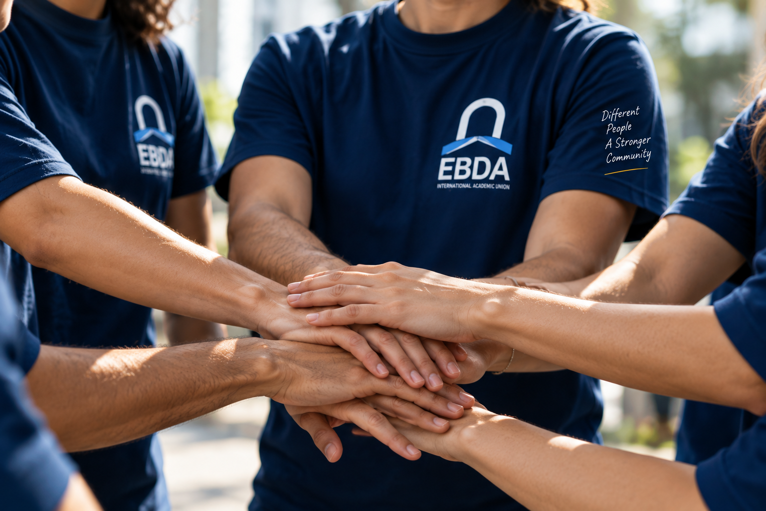 EBDA volunteers placing their hands together as a team