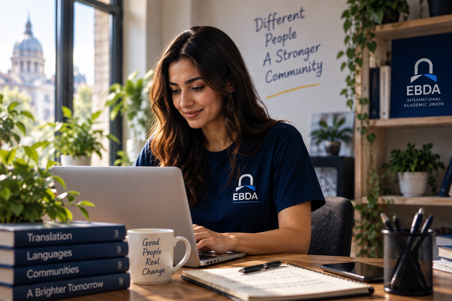 EBDA volunteer translating while working on a laptop
