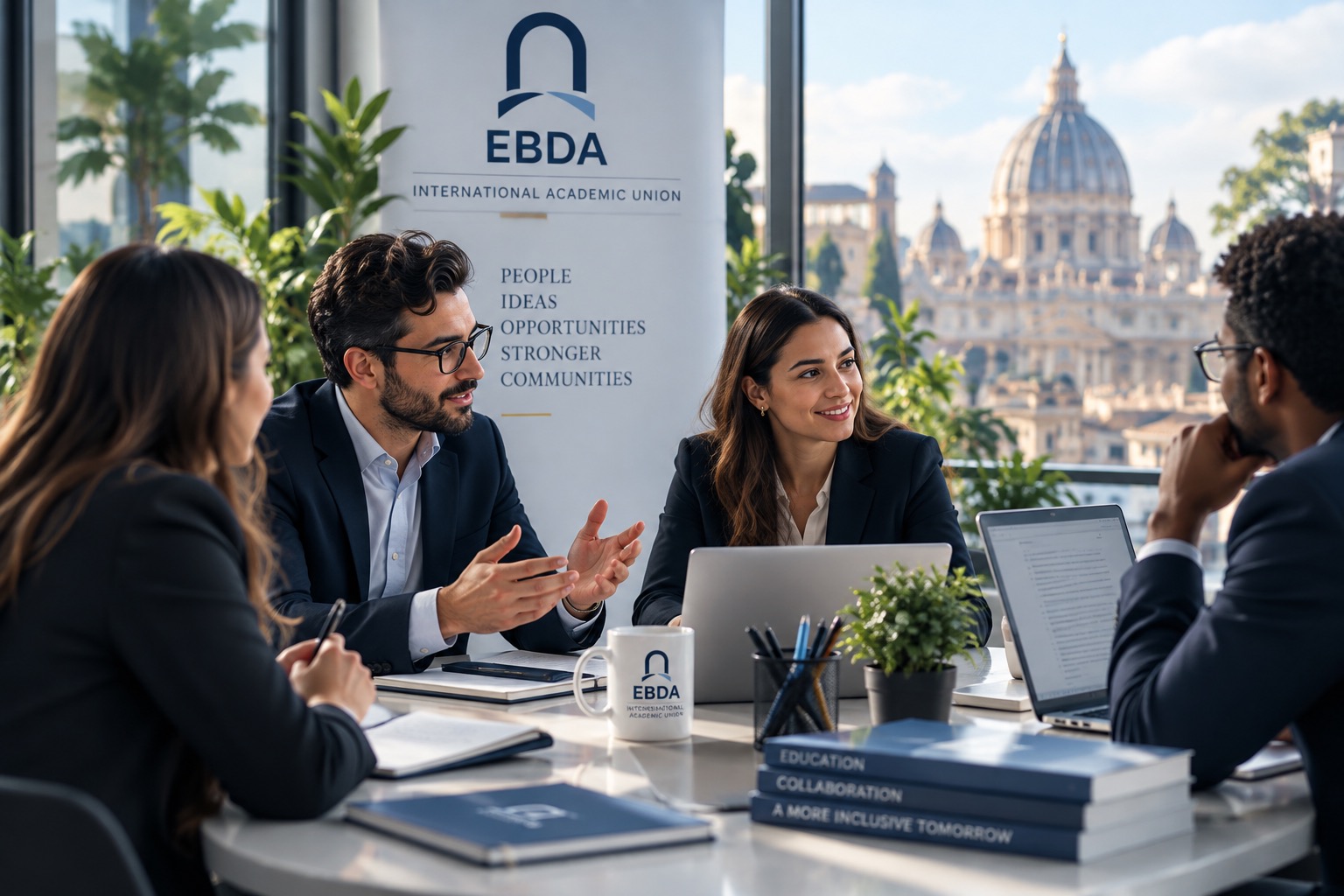A partnership discussion at EBDA overlooking Rome